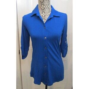 Pure Amici Blouse Royal Blue Button Front Top Shirt Bamboo NWT Womens Size XS